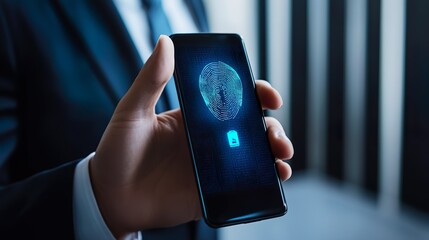 A man is holding a cell phone with a fingerprint on the screen