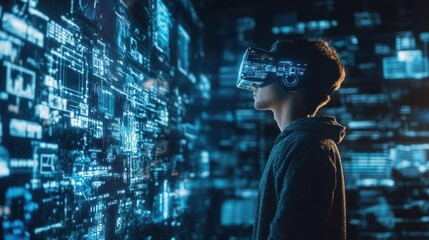 A Person Wearing a VR Headset Stands Before a Wall of Data