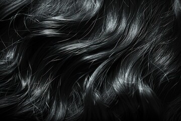 Close-up of long, black, wavy hair, creating a textured, abstract background.