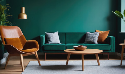 Wall Mural - A modern living room with a green couch, a brown armchair, and a wooden coffee table