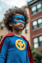 Wall Mural - A young child dressed as a superhero, gazing confidently into the distance.