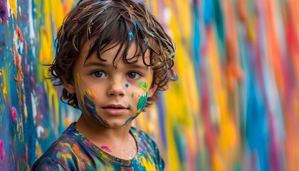 Playful creativity of a young boy immersed in paint, standing against a vibrant, colorful wall, showcasing the joy of artistic expression