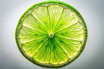 Vibrant green lime wheel against a stark white background, highlighting intricate texture and rippling patterns on its glossy, citrusy skin, illuminated by soft natural light.