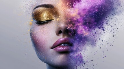 Wall Mural - Stylized portrait of a woman's face with gold and purple splashes blending into the background