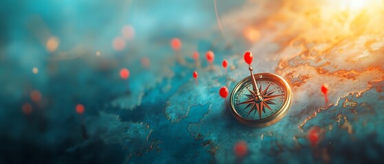 Wall Mural - an elegant compass with red pins marking destinations on a faded map.