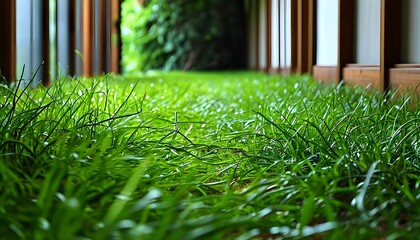 Wall Mural - Lush green grass adorning a tranquil hallway, fostering a serene and peaceful ambiance