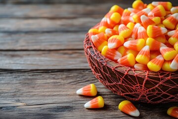 Sticker - A bowl filled with colorful candy corn on a rustic wooden surface.