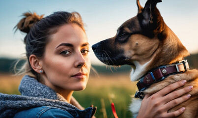 A woman with dark hair and a blue jacket looks directly at the camera while petting her brown and black dog in a field of grass at sunset