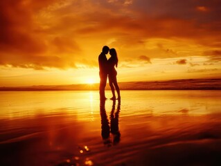 Canvas Print - silhouetted lovers embrace on golden beach romantic sunset paints sky in warm hues