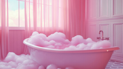 The bathtub is filled with fluffy, pink bubbles that look like clouds.