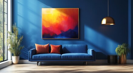 Sticker - Blue Living Room with Abstract Art