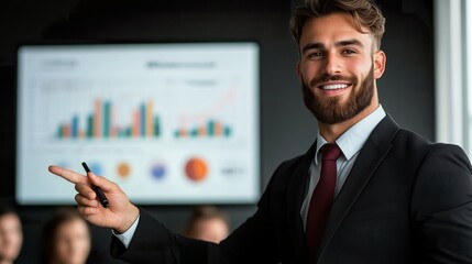 Business man portrait presenting data in  meeting, pointing to charts in the background professional and confident corporate presentation leadership commercial use business strategy in modern office