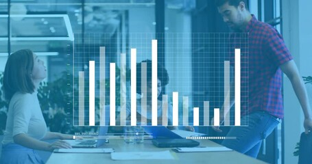 Wall Mural - Animation of diagrams and data processing over diverse colleagues discussing work in office