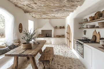 Wall Mural - A minimalist rural kitchen with a large wooden table and stone floor bathed in natural light.