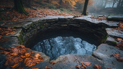 Wall Mural - A stone well in a forest with fallen leaves and a reflection of the trees in the water.