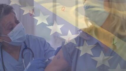 Sticker - Animation of flag of bosnia and herzegovina over caucasian male doctor vaccinating woman