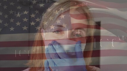 Poster - Animation of flag of usa over caucasian female doctor in face mask