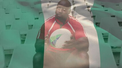 Wall Mural - Animation of flag of nigeria over african american rugby player with ball