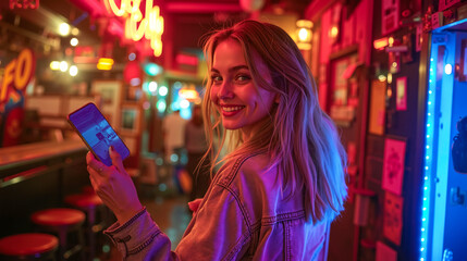 A woman standing in a bar looking at her phone