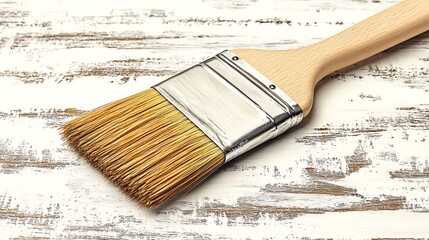 A paintbrush with natural bristles and a wooden handle rests on a white wooden surface.