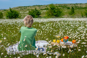 Wall Mural - Girl in a chamomile field