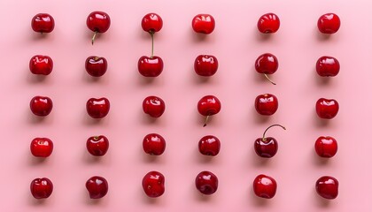 Vibrant red cherries contrasted against a soft pink backdrop, creating a fresh and inviting aesthetic in a flat lay arrangement