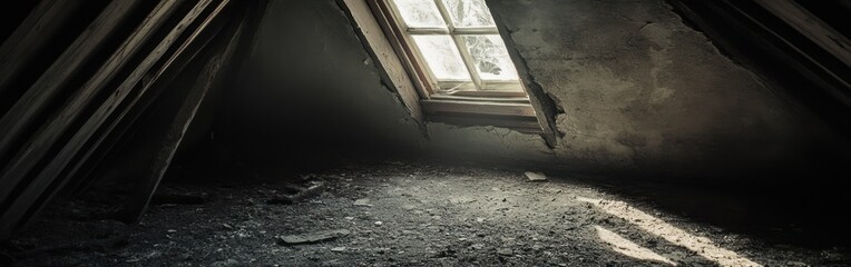 Wall Mural - A dimly lit attic with a window, revealing dust and decay.