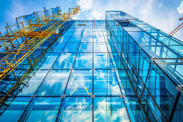 A large building with many windows and a blue sky in the background,