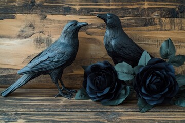 Two black bird sculptures beside dark roses on a wooden background.