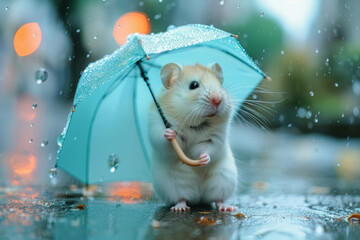 Small white hamster under blue umbrella outside on cloudy fall day in the city