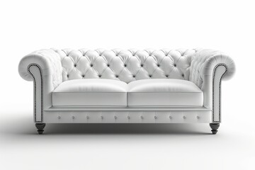 Exquisite, modern retro style white leather sofa with tufted upholstery isolated on white solid background, empty luxurious furniture for home, office or reception