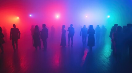 Poster - A vibrant party scene with silhouettes in colorful fog and lights.