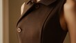 © Helois - Close-up of a brown sleeveless dress with two buttons and a collar.