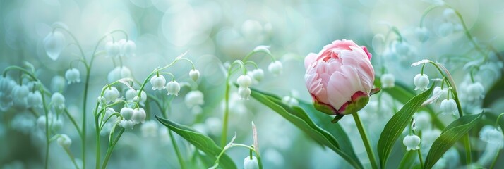 Poster - New growth of tree peony in spring with shallow depth of field surrounded by scattered White Lily of the Valley flowers