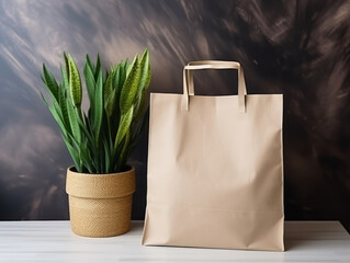 Wall Mural - Craft paper bag stands on a table. Minimalist modern stylish interior, daylight.