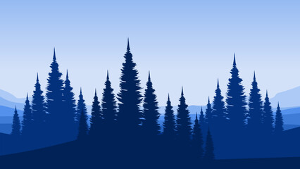 Wall Mural - nature mountain landscape view with forest silhouette flat design vector illustration good for presentation, advertising, ads, business, wallpaper, backdrop, background, and web banner