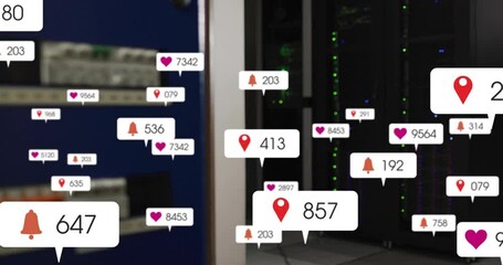 Poster - Animation of numbers and icons and digital data processing over computer servers