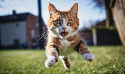 A tabby cat leaps through the air with its mouth open in a sunny backyard