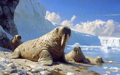 Wall Mural - A family of walruses relaxing on a sandy beach in the Arctic.