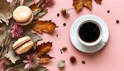 Autumn vibe with coffee, macarons, dried leaves, and flowers on a pastel pink backdrop in a stylish flat lay arrangement