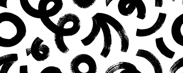 Aufkleber - Bold squiggle lines, spiral and circles seamless pattern. Brush drawn thick wavy lines with dry brush texture. Grunge style black geometric shapes.