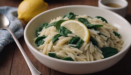 Wall Mural - bowl of lemon orzo pasta with spinach