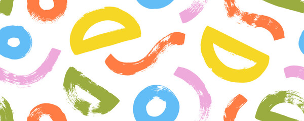Aufkleber - Colorful childish seamless pattern with bold geometric shapes and lines. Brush drawn waves and semicircles. Modern abstract background with bright grunge doodle style elements.