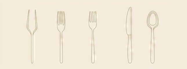 Wall Mural - Linear spoon, knife, and fork icons. Hand-drawn background. Modern illustration.