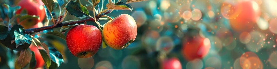 Poster - Ripe Red Apples Hanging from Tree Branches, Fresh Organic Harvest