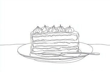 A continuous line drawing of a cut cake. Concept for a coffee shop, bakery, or restaurant.