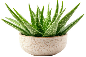 A close-up image of a vibrant green Aloe Vera plant with distinctive white spots on its fleshy, pointed leaves isolated on white background.

