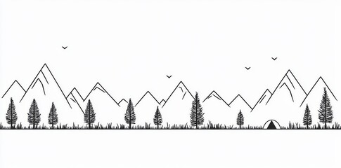 Camping area in the forest. Minimalistic black linear sketch isolated on white background. Tourist campsite in continuous line art style. Summer camp.