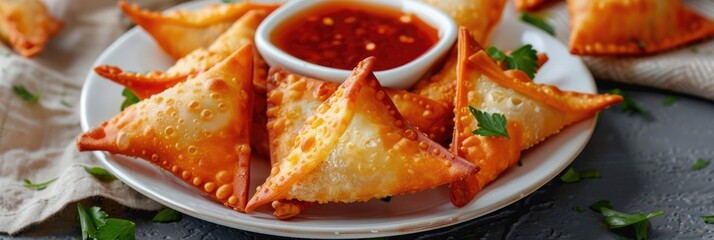 Poster - Delicious Fried Crab Rangoons Stuffed with Cream Cheese and Served with Sweet Sauce on a Plate