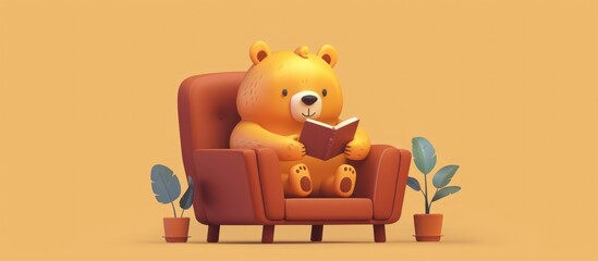 Cute cartoon teddy bear character sitting in a cozy armchair and reading a book in a peaceful relaxing home interior setting with plants and other Concept of leisure education and relaxation